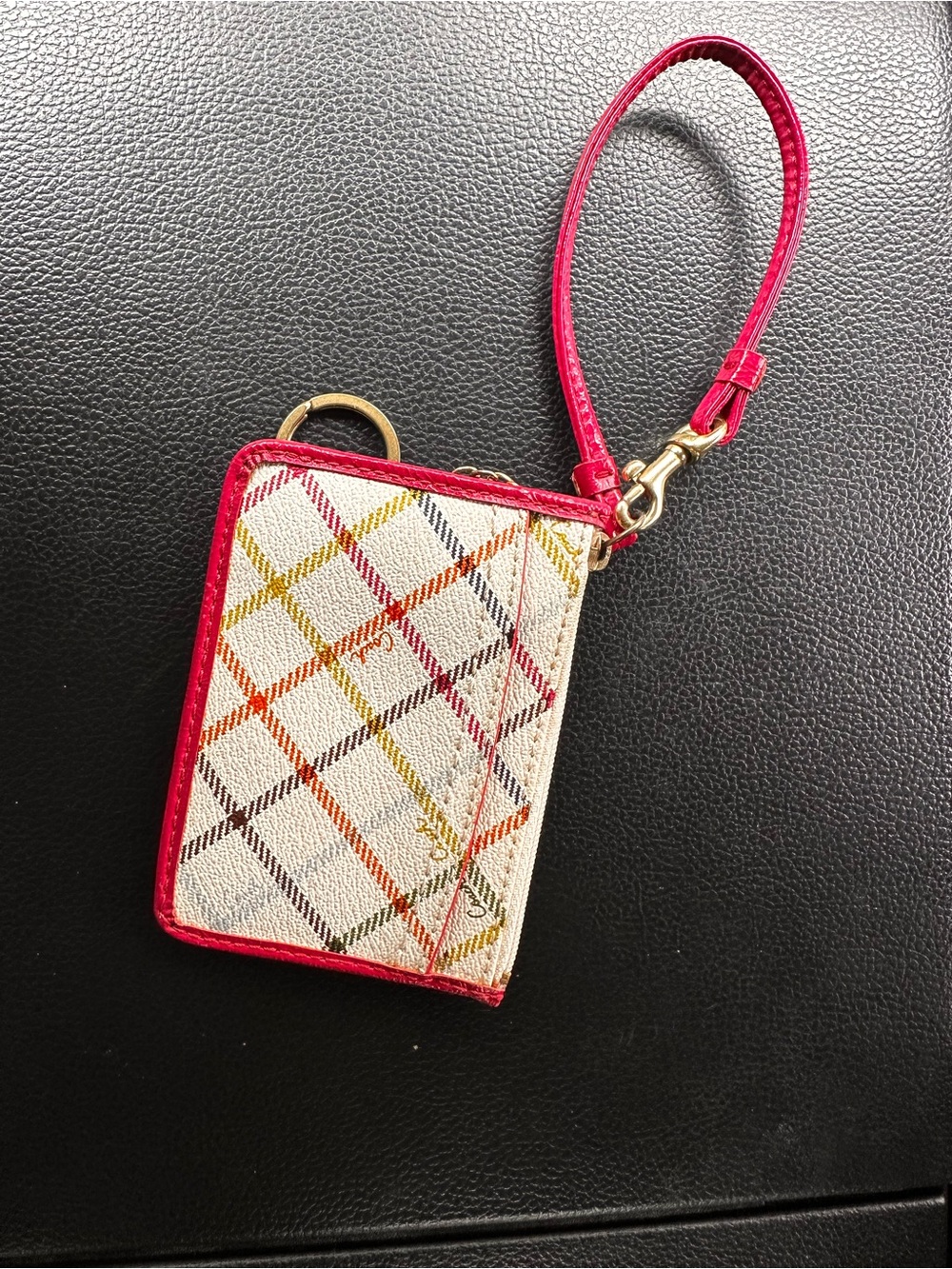 Coach Multicolor Plaid Card & Key Holder with Pink Trim - Picture 2 of 7